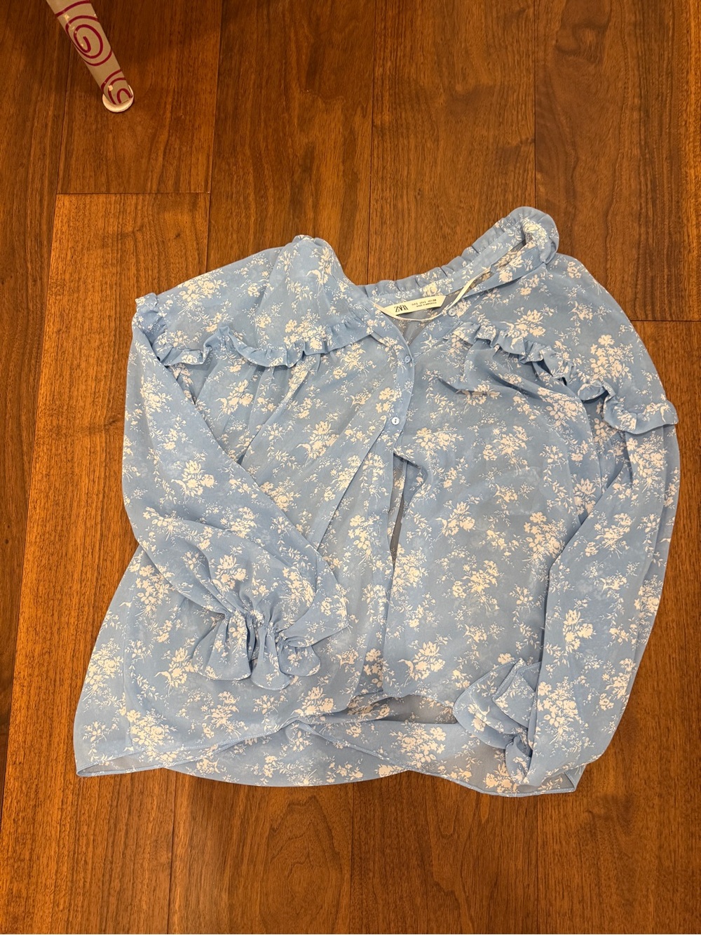 Zara Women Blue Floral Ruffle Blouse